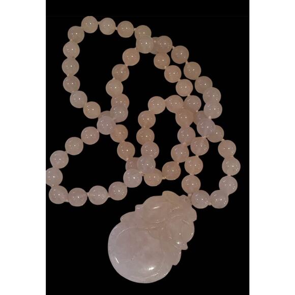 Antique Chinese Curved Pink Rose Quartz Plum Pendant Bead Necklace - Picture 1 of 9